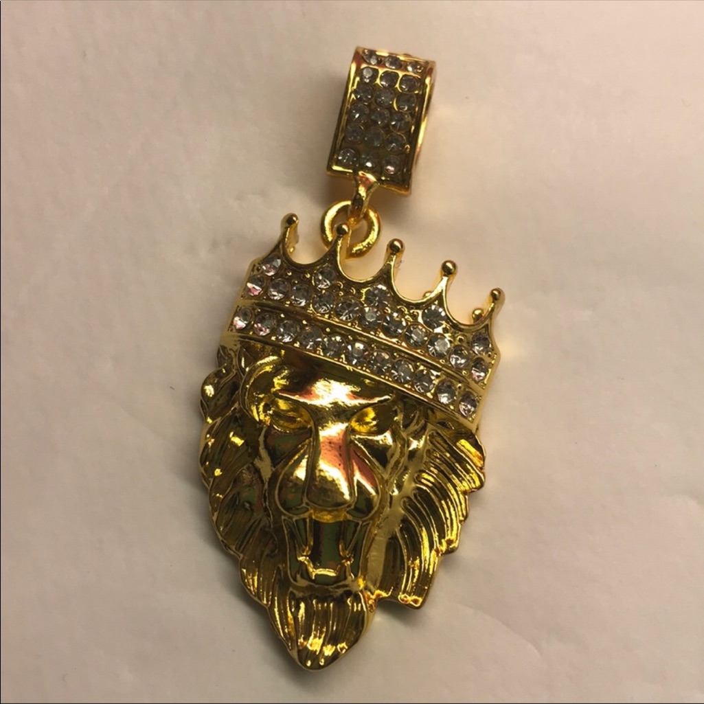 Gold Lion Charm Ice Bling Rhinestone Crown Hip Hop